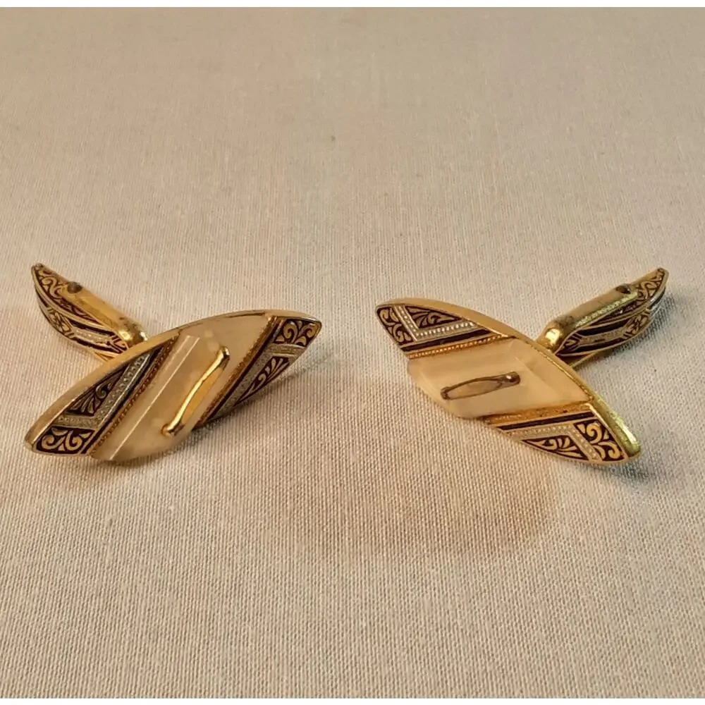 💎Ornate Cuff Links Damascene Design Smokey White Lucite Accent Decorated Posts